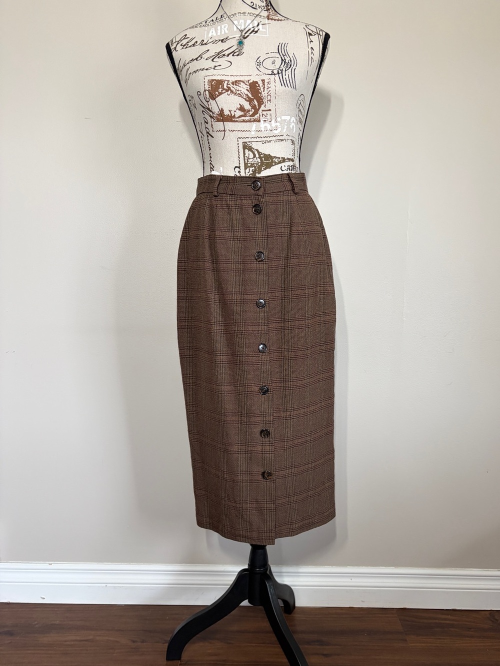 Vintage 90’s JH Collectibles 100% Wool Brown Plaid Button Down Twee Midi Skirt